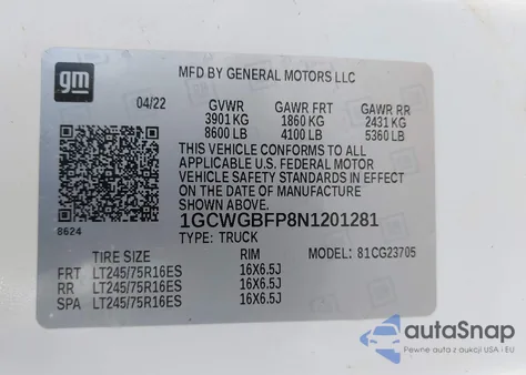 2022 Chevrolet Express Cargo Rwd 2500 Extended Wheelbase Wt из США, поврежденный, VIN 1GCWGBFP8N1201281